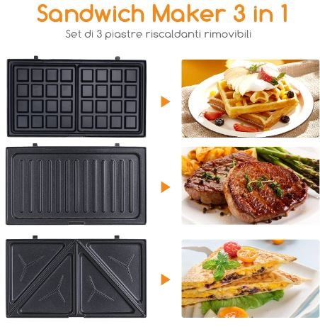 3 in 1 Sandwich Grill Waffle Maker 750w, Non-stick
