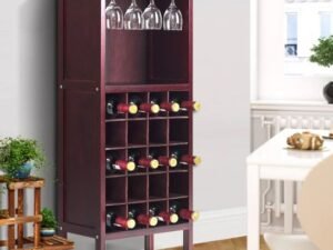 Pine Wine Rack 20-Bottle with 4 Stemmed Glass Holders
