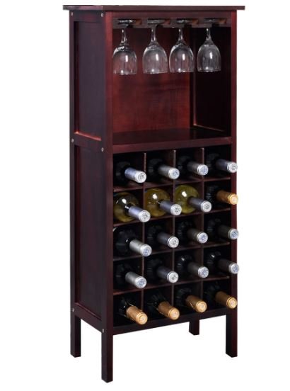 Pine Wine Rack 20-Bottle with 4 Stemmed Glass Holders