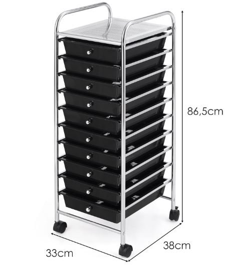 Chromed Metal Storage Cart Trolley 10 Drawers 32.5 x 37 x 86 CM