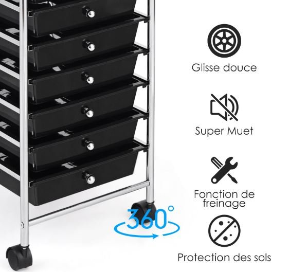 Chromed Metal Storage Cart Trolley 10 Drawers 32.5 x 37 x 86 CM