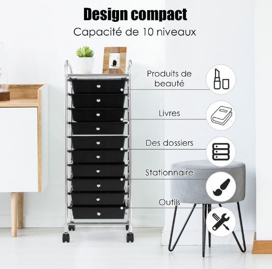 Chromed Metal Storage Cart Trolley 10 Drawers 32.5 x 37 x 86 CM