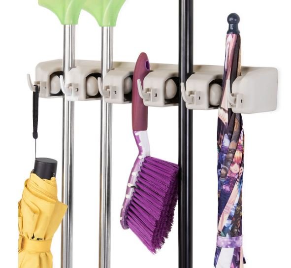 Wall-Mounted Broom Holder 5 Slots ,6 Space-Saving Multi-Task Hooks