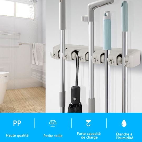 Wall-Mounted Broom Holder 5 Slots ,6 Space-Saving Multi-Task Hooks