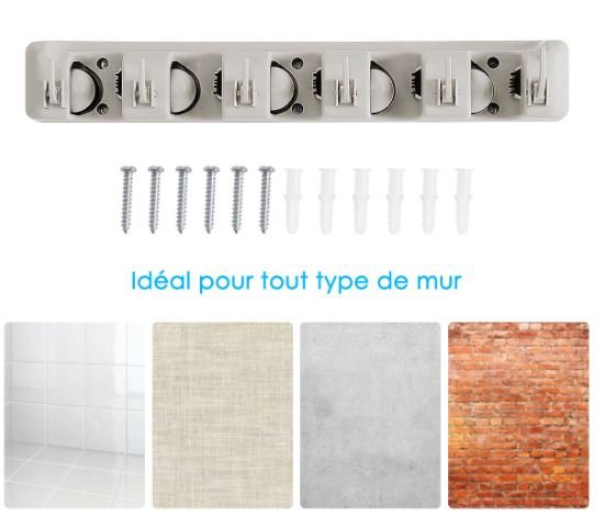 Wall-Mounted Broom Holder 5 Slots ,6 Space-Saving Multi-Task Hooks