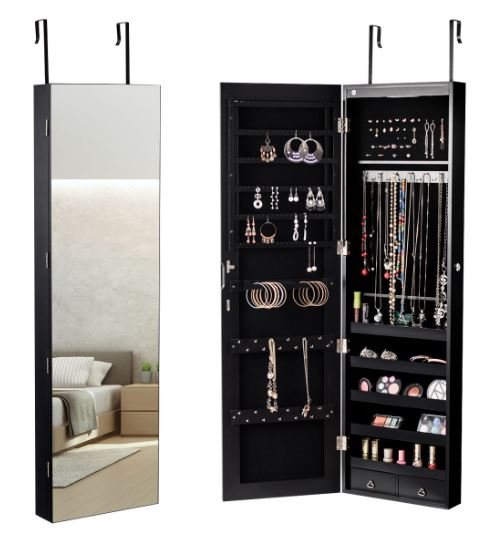 Jewelry Cabinet with Mirror and LED Light Door Hooks