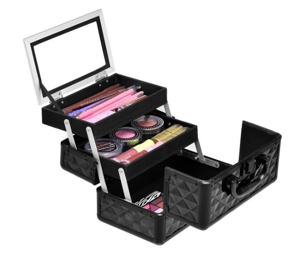 Makeup Cosmetic Case ABS 3 Tier with Mirror Black