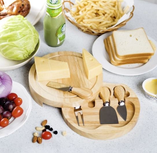 Wooden Cheese Board Tray +4 Knives/Cutlery
