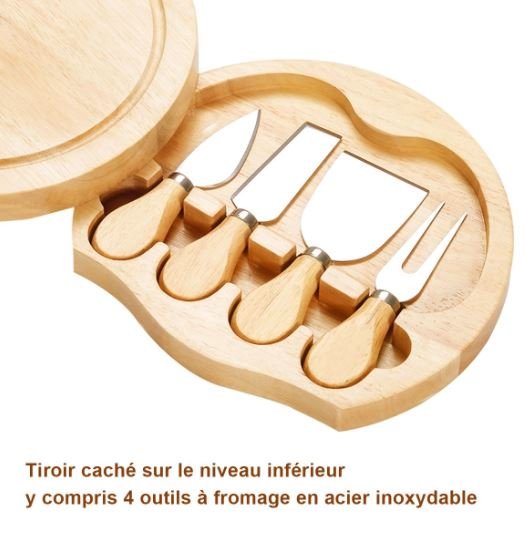 Wooden Cheese Board Tray +4 Knives/Cutlery