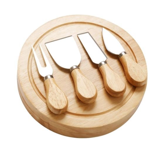 Wooden Cheese Board Tray +4 Knives/Cutlery