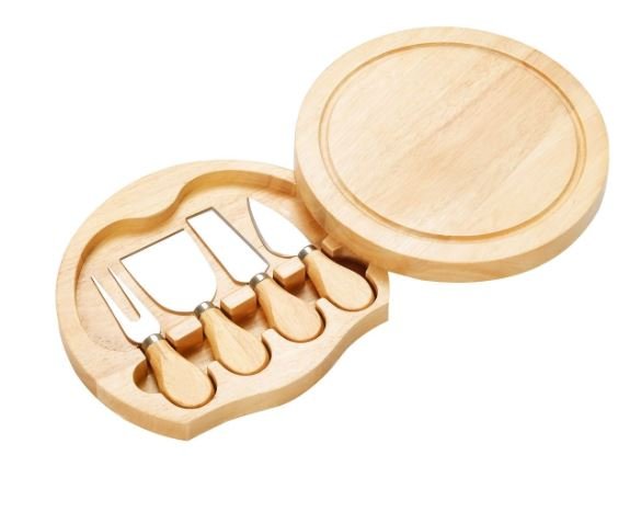 Wooden Cheese Board Tray +4 Knives/Cutlery