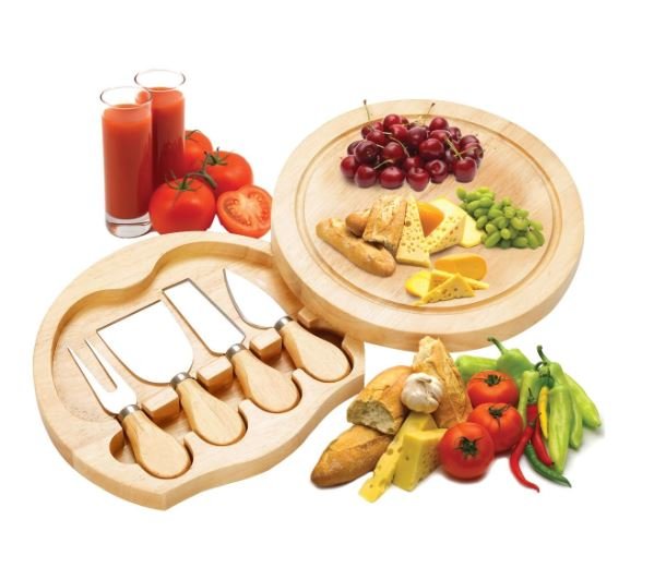 Wooden Cheese Board Tray +4 Knives/Cutlery