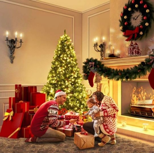 Artificial Christmas Tree 225cm LED Lights Pine Cones