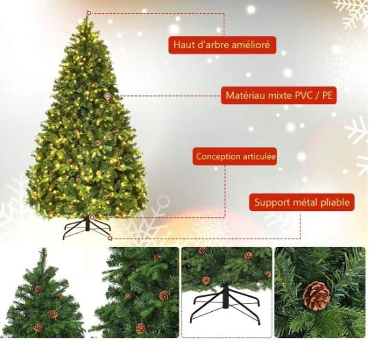Artificial Christmas Tree 225cm LED Lights Pine Cones