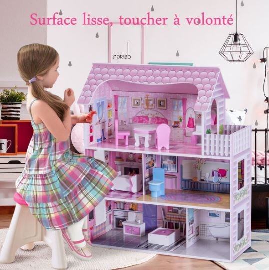 Wooden Doll's House with Accessories Dollhouse 3 Floors 5 Rooms