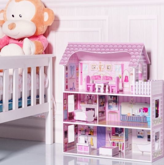 Wooden Doll's House with Accessories Dollhouse 3 Floors 5 Rooms