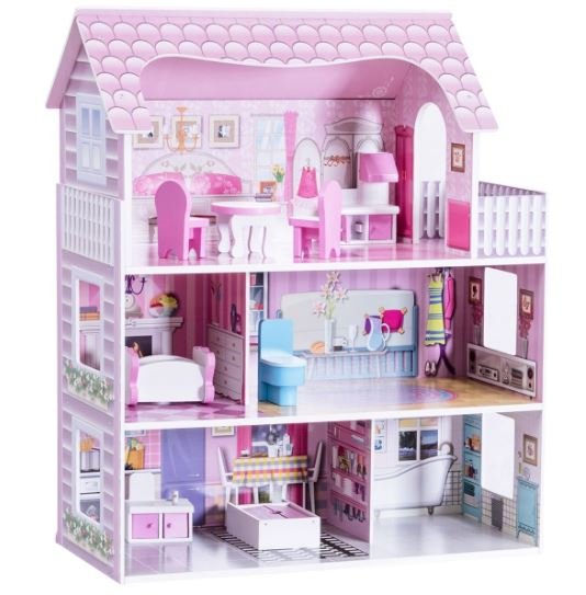 Wooden Doll's House with Accessories Dollhouse 3 Floors 5 Rooms