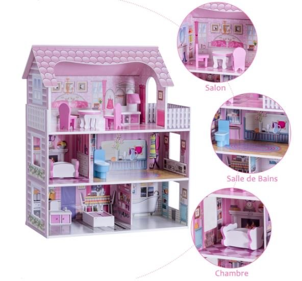 Wooden Doll's House with Accessories Dollhouse 3 Floors 5 Rooms