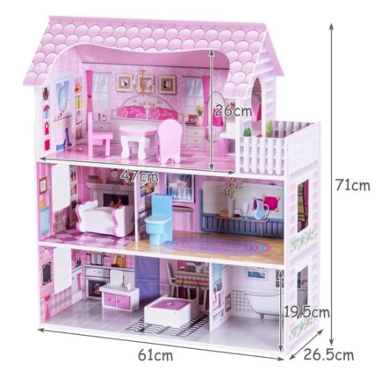 Wooden Doll's House with Accessories Dollhouse 3 Floors 5 Rooms