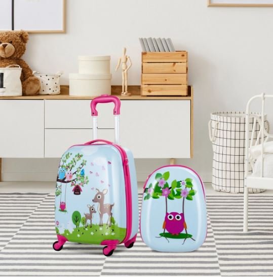 Children's Suitcase Trolley Luggage + Backpack Owl