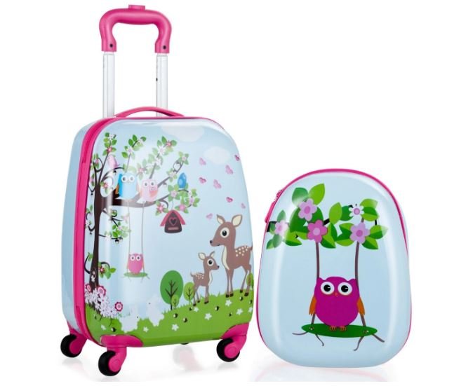 Children's Suitcase Trolley Luggage + Backpack Owl