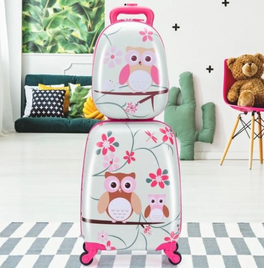 Children's Suitcase + Backpack Luggage Trolley Owl Pattern