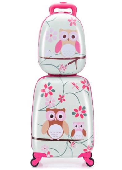 Children's Suitcase + Backpack Luggage Trolley Owl Pattern