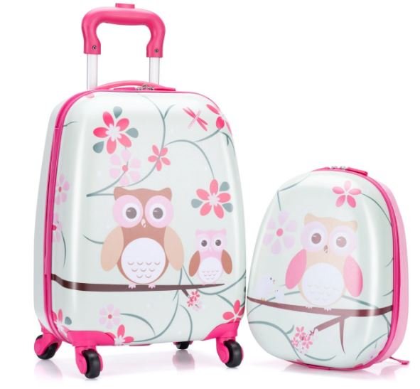 Children's Suitcase + Backpack Luggage Trolley Owl Pattern