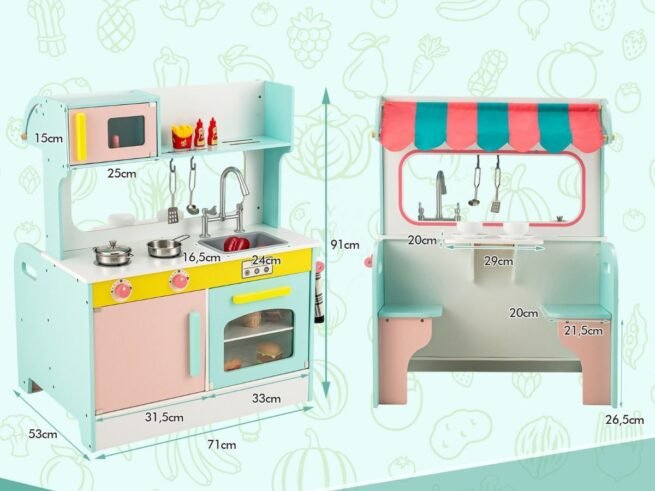 2-Sided Wooden Children's Kitchen 8 Accessories 71 X 53 X 91 CM