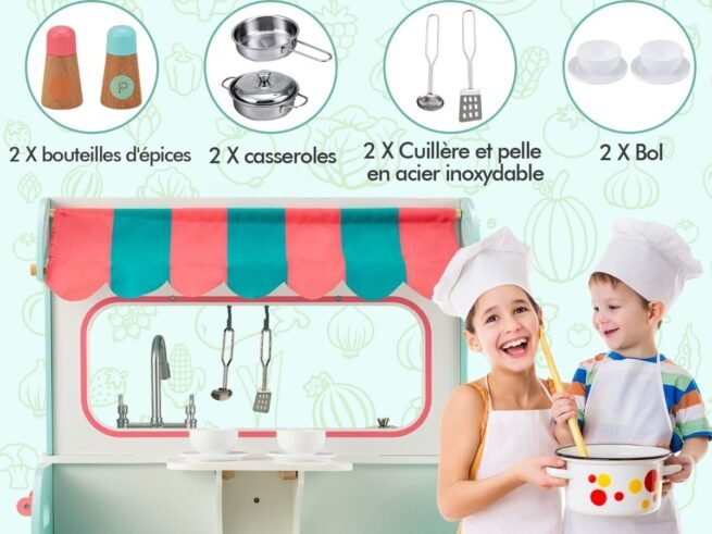 2-Sided Wooden Children's Kitchen 8 Accessories 71 X 53 X 91 CM