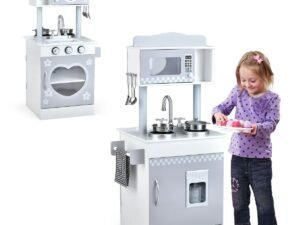 Wooden Children's Kitchen 2 Sided Oven Sink Ice Dispenser Clock Towel Holder