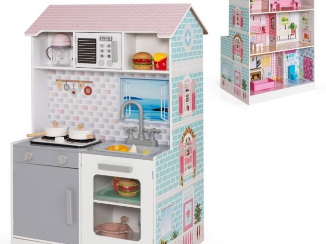 2in1 Children's Dollhouse Kitchen 2 Sided 8 Accessories, Sound, Lights, 3 Floors