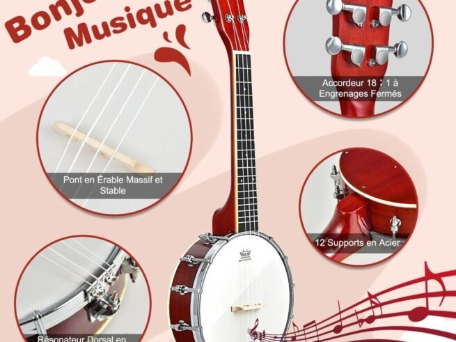 Wooden 4 String Banjo 24 Inch Remo Head Carry Bag 62 x 21 x 7.5 CM