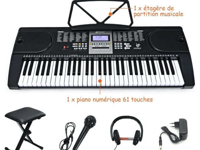 Electric Piano Keyboard 61 Keys with Microphone Stand Stool and LCD Screen