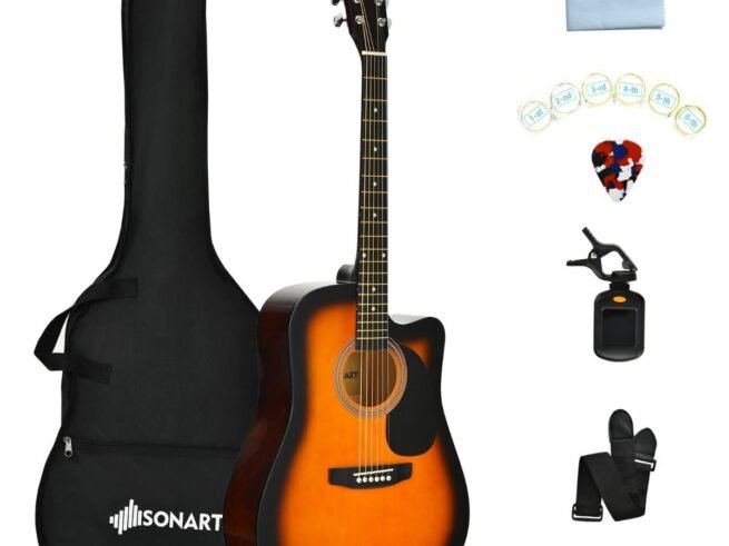 Wooden Acoustic Guitar Cutaway Folk 6 Accessories for Beginners and Professionals