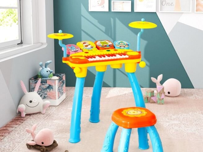 Baby Musical Toy Piano with 24 Keys Drum Stool Microphone LED Lights