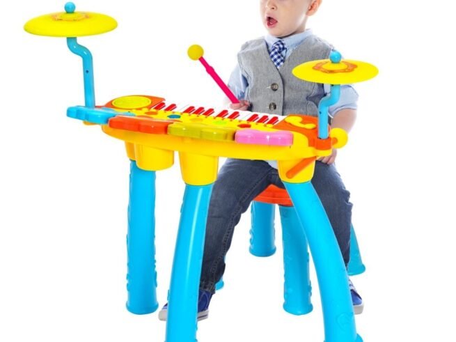 Baby Musical Toy Piano with 24 Keys Drum Stool Microphone LED Lights