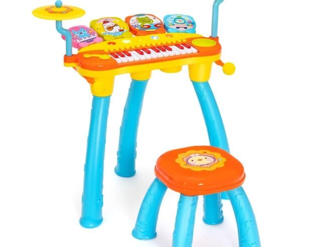 Baby Musical Toy Piano with 24 Keys Drum Stool Microphone LED Lights
