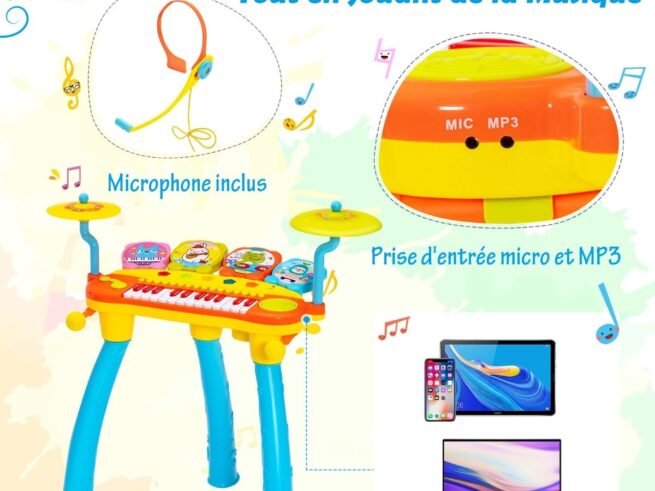 Baby Musical Toy Piano with 24 Keys Drum Stool Microphone LED Lights