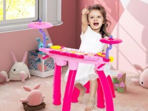 Baby Musical Toy Piano with 24 Keys Drum Stool Microphone LED Lights