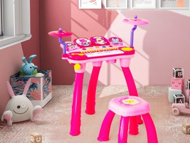 Baby Musical Toy Piano with 24 Keys Drum Stool Microphone LED Lights