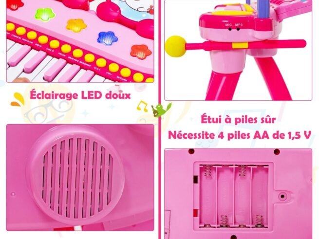 Baby Musical Toy Piano with 24 Keys Drum Stool Microphone LED Lights