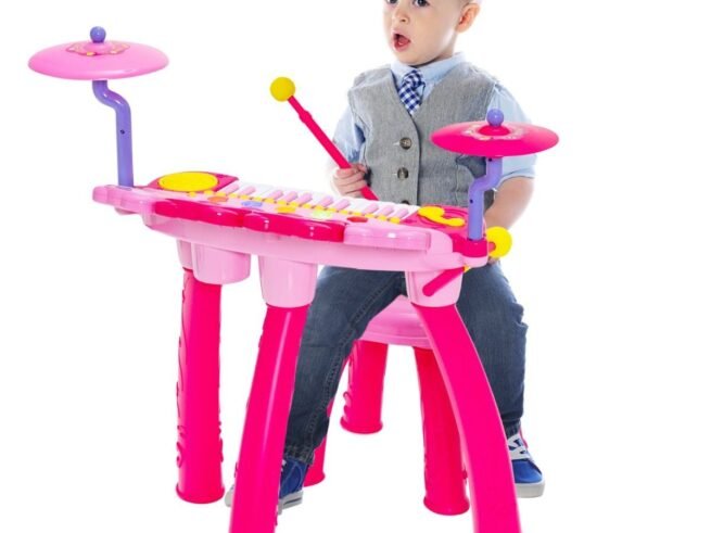 Baby Musical Toy Piano with 24 Keys Drum Stool Microphone LED Lights