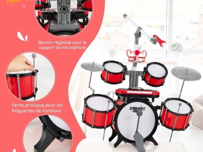 Children's Drum Set with Keyboard Stool Music Stand Microphone 2 Drumsticks 2 Tones MP3 Port