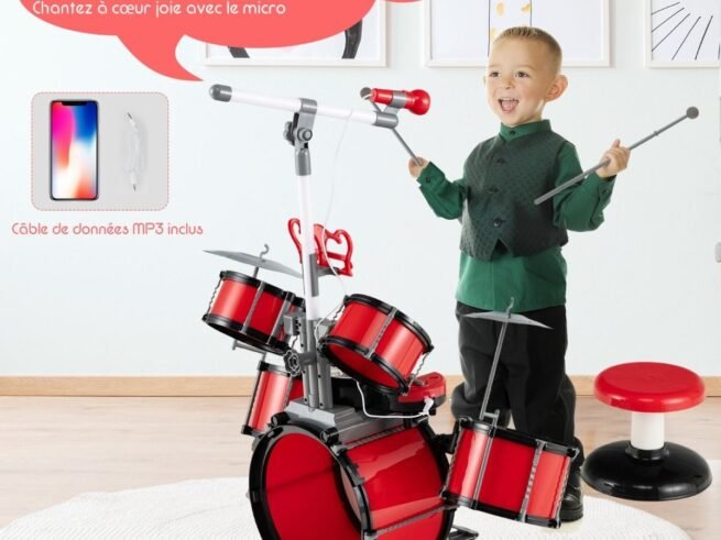 Children's Drum Set with Keyboard Stool Music Stand Microphone 2 Drumsticks 2 Tones MP3 Port