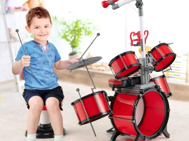 Children's Drum Set with Keyboard Stool Music Stand Microphone 2 Drumsticks 2 Tones MP3 Port