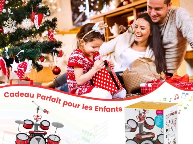 Children's Drum Set with Keyboard Stool Music Stand Microphone 2 Drumsticks 2 Tones MP3 Port