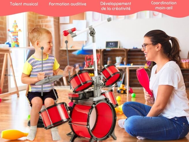Children's Drum Set with Keyboard Stool Music Stand Microphone 2 Drumsticks 2 Tones MP3 Port