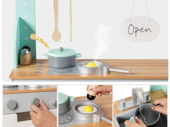 Children's Kitchen Double-Sided Wooden for Role of Cook and Customer