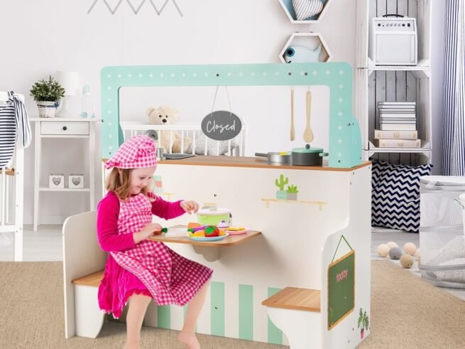 Children's Kitchen Double-Sided Wooden for Role of Cook and Customer
